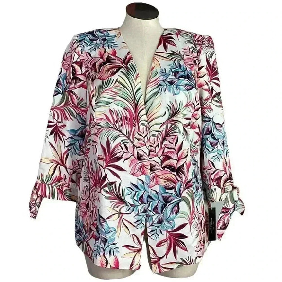 Tahari ASL Women 18W Floral Open Jacket Ivory Multicolor 3/4 Tie Sleeve NEW - Picture 1 of 9
